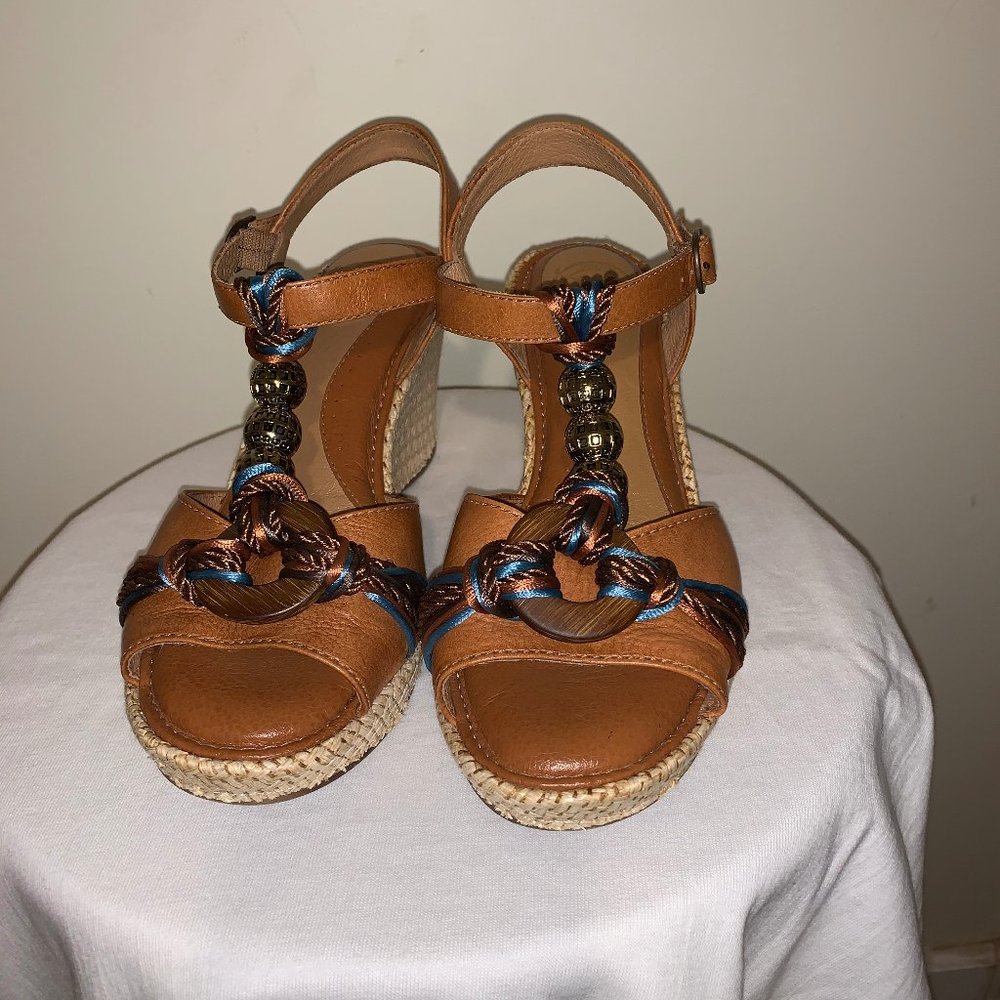 Nurture Boho Leather Wood Ring Wedge Sandal SZ 6M